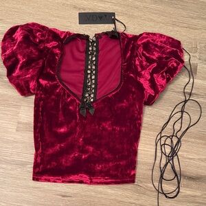 Widow Deep Red Velvet Blouse with Lace Accents